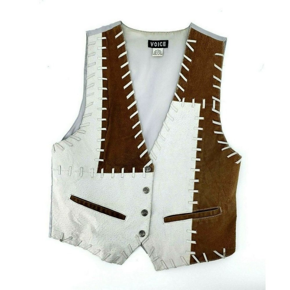 Vtg Voice Womens Sz M White Brown Leather Vest